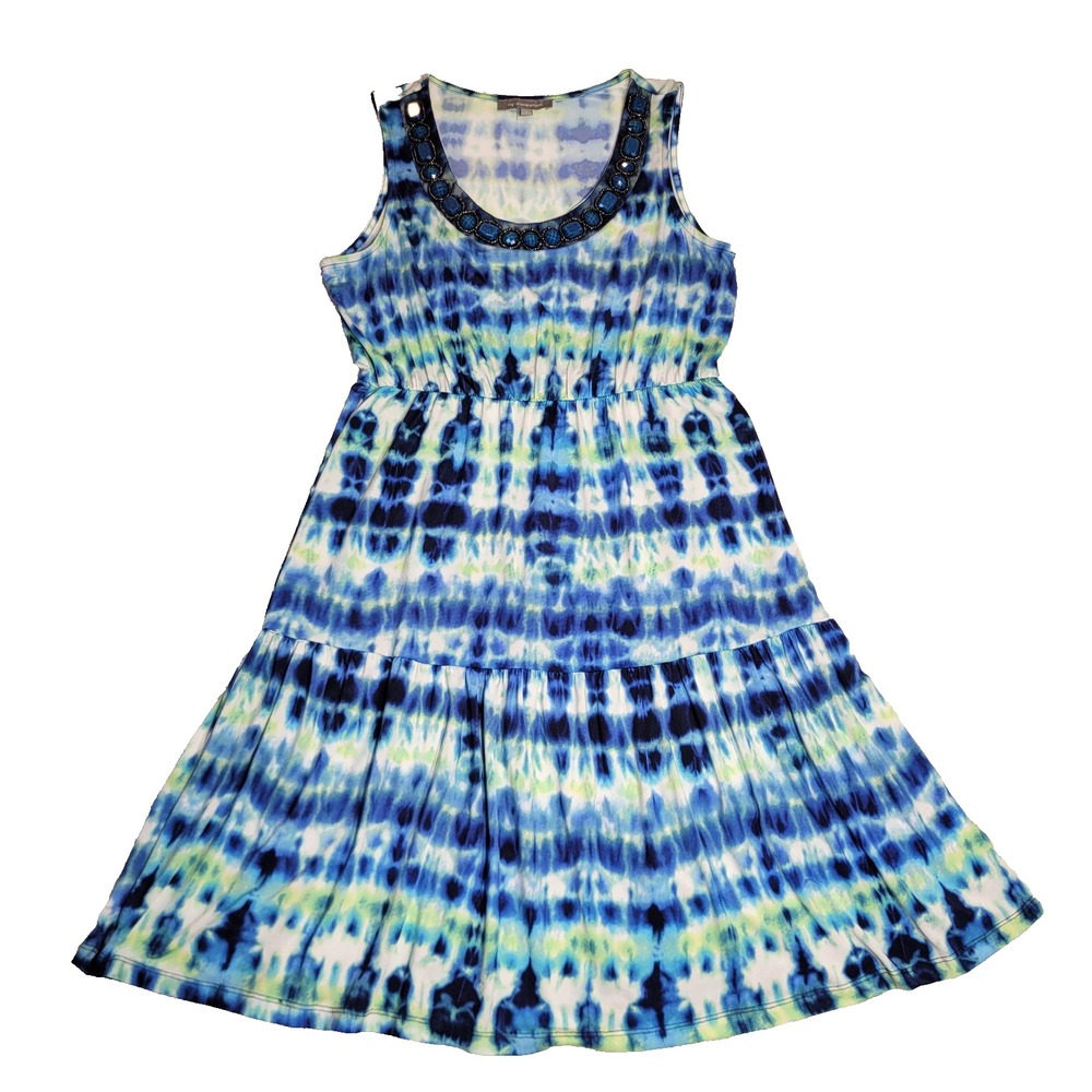 NY Collection Tropical Tie Dye Beaded Neck Tank Dress Blue Lime S XITD1822